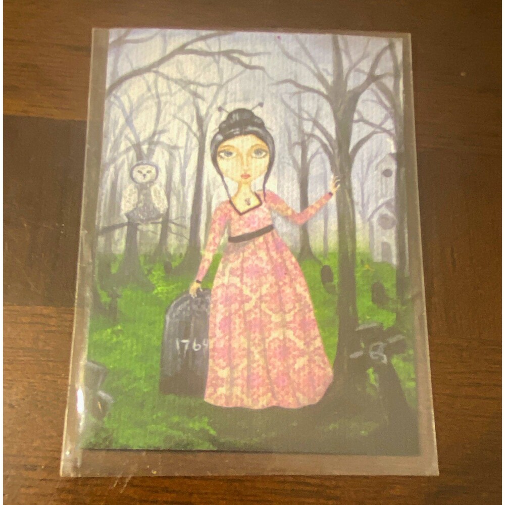 Cary Cameron Signed Folk Art Drawing Woman Forest Owl Graveyard 3x4 Unframed